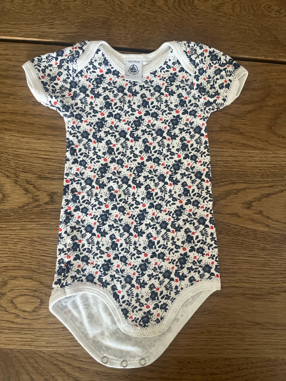 Petit Bateau Navy & Red Floral Baby One-Piece Bodysuit